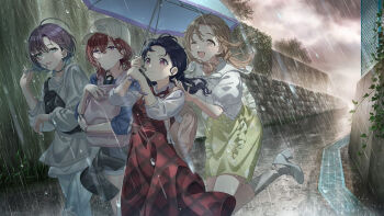 4girls asakura_toru bag choker dress fukumaru_koito high_heels higuchi_madoka holding holding_umbrella ichikawa_hinana idolmaster idolmaster_shiny_colors ivy long_hair multiple_girls noctchill_(idolmaster) official_art rain red_dress red_eyes red_hair road school_bag shoes skirt sky tree umbrella white_shoes yellow_skirt