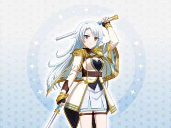 Rule 34 | 1girl, baton (weapon), belt, brown eyes, brown gloves, closed mouth, dual wielding, epaulettes, fingerless gloves, game cg, gloves, holding, holding baton (weapon), long hair, long sleeves, looking at viewer, official art, oogami shiro, shirt, shoujo kageki revue starlight, shoujo kageki revue starlight -re live-, sidelocks, skirt, solo, standing, thigh belt, thigh strap, upper body, waist cape, weapon, white hair, white shirt, white skirt