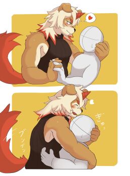 2boys ai_only_dream arknights artist_self-insert bara black_shirt commentary_request dog_boy faceless faceless_male furry furry_male heart highres holding_hands hug hung_(arknights) male_focus multiple_boys pectorals shirt sidepec sleeveless sleeveless_shirt spoken_heart toned toned_male yaoi