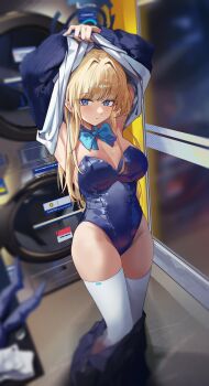 Rule 34 | 1girl, absurdres, arms up, blonde hair, blue archive, blue bow, blue bowtie, blue eyes, blue halo, blue leotard, blue sweater, bow, bowtie, breasts, cleavage, clothes lift, commentary request, expressionless, fr-ee-dom, halo, highleg, highleg leotard, highres, laundry, leotard, lifting own clothes, long hair, official alternate costume, playboy bunny, shirt, shirt lift, solo, strapless, strapless leotard, sweater, thighhighs, toki (blue archive), toki (bunny) (blue archive), undressing, white shirt, white thighhighs