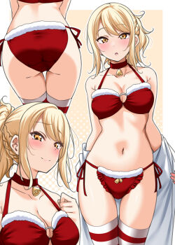 1girl ass bell bell_panties blonde_hair blush breasts choker closed_mouth collarbone commentary_request fingernails gyaru half-closed_eyes highres large_breasts lips long_hair looking_at_viewer love_live! love_live!_nijigasaki_high_school_idol_club miyashita_ai multiple_views navel neck_bell orange_eyes parted_lips ponytail red_choker santa_bra shirt short_ponytail smile solo striped_clothes striped_thighhighs thighhighs undressing white_shirt yellow_background yopparai_oni