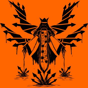 Rule 34 | 1girl, album cover redraw, arrow (symbol), commentary, derivative work, dress, english commentary, full body, hat, highres, long hair, long sleeves, looking at viewer, matara okina, monochrome, occultonic, orange theme, revision, simple background, solo, straight-on, tabard, touhou, ultrakill, wings