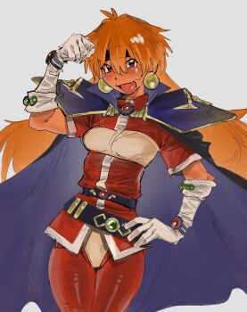 Rule 34 | 1girl, armor, bandeau, belt, black belt, black cape, black headband, boots, bracelet, cape, chest jewel, clenched hand, cowboy shot, dark-skinned female, dark skin, earrings, fang, gem, gloves, gold trim, green gemstone, hand on own hip, hand up, headband, highres, jewelry, khentaiu, light smile, lina inverse, long hair, looking at viewer, multiple belts, open mouth, orange eyes, orange hair, pants, pauldrons, red gemstone, red pants, red tunic, short sleeves, shoulder armor, slayers, smile, solo, sphere earrings, tunic, v-shaped eyebrows, white boots, yellow bandeau