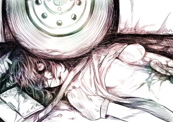 1girl absurdres areola_slip arm_up arms_at_sides bag blood blood_from_forehead blood_from_mouth blood_on_face blood_on_stomach bow bow_bra bra bra_lift breasts car clenched_teeth clothes_lift commentary_request corpse crosshatching death disorder! eyeball greyscale guro hair_between_eyes half-closed_eye hand_on_own_head handbag hatching_(texture) high_contrast highres intestines looking_to_the_side messy_hair monochrome motor_vehicle nipples one_breast_out original puffy_short_sleeves puffy_sleeves ryona shirt_lift short_hair short_sleeves shoulder_bag simple_background small_breasts small_intestine solo teeth underwear uneven_eyes white_background