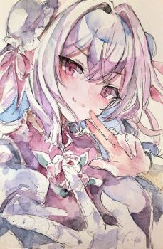 Rule 34 | 1girl, bandaged arm, bandages, breasts, bun cover, closed mouth, commentary request, double bun, flower, hair bun, ibaraki kasen, kamu kotan, looking at viewer, medium breasts, medium hair, pink eyes, pink flower, pink hair, pink rose, puffy short sleeves, puffy sleeves, red tabard, rose, shirt, short sleeves, smile, solo, tabard, touhou, traditional media, upper body, white shirt
