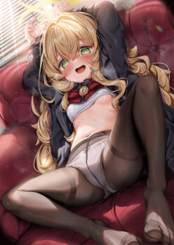 1girl @_@ arms_up black_coat black_pantyhose black_sailor_collar black_serafuku blue_archive blush bow bowtie bra breasts coat cuffs feet fluffy_hair green_eyes halo handcuffs highres kokuto_(kurousagi1210) legs looking_at_viewer no_pants no_shoes open_clothes open_coat open_mouth open_shirt panties panties_under_pantyhose pantyhose professor_niyaniya_(blue_archive) red_bow red_bowtie restrained revision sailor_collar school_uniform serafuku side_ahoge small_breasts smile solo spread_legs sweat toes underwear white_bra white_panties yellow_halo