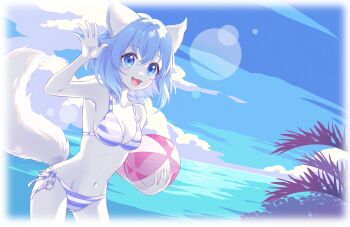 Rule 34 | :3, :d, absurdres, animal ears, ball, beachball, bikini, blue background, blue bikini, blue eyes, blue hair, blue theme, breasts, cleavage, cloud, colored skin, commentary, english commentary, highres, holding, holding ball, holding beachball, indie virtual youtuber, kina kirin, midriff, ocean, open mouth, second-party source, smile, striped bikini, striped clothes, swimsuit, tail, virtual youtuber, water, waving, wolf ears, wolf girl, wolf tail, wolfychu