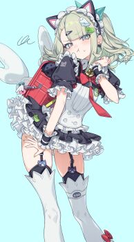 Rule 34 | 1girl, :s, absurdres, animal ears, annoyed, aqua background, awe (adorableduckyy), bag, bell, bow, bowtie, cat ears, dress, earrings, feet out of frame, frilled dress, frills, furrowed brow, garter straps, green hair, hair ornament, highres, jewelry, looking at viewer, maid, multicolored eyes, official alternate costume, ponytail, school bag, simple background, solo, sunna (afternoon tea break) (zenless zone zero), sunna (zenless zone zero), thighhighs, thighs, wings, wrist cuffs, zenless zone zero