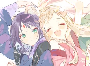 2girls animal_ears blonde_hair blush chou_kaguya-hime! closed_eyes commentary_request fox_ears green_eyes heart_arms korean_commentary kuzuvine long_hair multiple_girls open_mouth purple_hair rabbit_ears short_hair smile white_background yuri