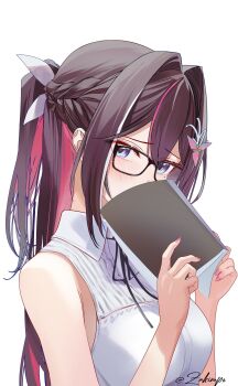 1girl azki_(hololive) black_hair book braid collared_shirt colored_inner_hair commentary covering_own_mouth double-parted_bangs glasses hair_intakes hair_ornament hairclip half_up_half_down_braid hashtag-only_commentary highres holding holding_book hololive long_hair looking_at_viewer mole mole_under_eye multicolored_hair nail_polish neck_ribbon pink_hair pink_nails purple_eyes ribbon shirt simple_background sleeveless sleeveless_shirt solo streaked_hair upper_body virtual_youtuber white_background white_hair white_shirt zakimpo