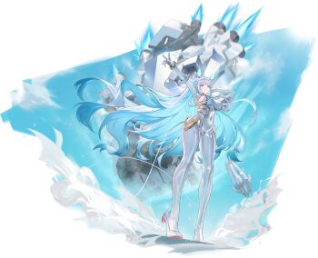 1girl absurdres animal_ears artist_request blue_eyes blue_hair bodysuit breasts cable cable_tail closed_mouth colored_inner_hair covered_erect_nipples covered_navel daiblos_core expressionless gloves grey_hair headgear high_heels highres impossible_bodysuit impossible_clothes kunlun_sp_(daiblos_core) large_breasts leg_up long_hair looking_at_viewer mechanical_ears mechanical_tail multicolored_hair ponytail shiny_clothes sideboob sideless_outfit skin_tight solo standing standing_on_one_leg tail two-tone_hair very_long_hair white_bodysuit white_hair