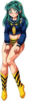 Rule 34 | 1girl, bikini, bikini bottom only, boots, eyeball (artist), female focus, green hair, highres, lum, no pants, school uniform, serafuku, solo, swimsuit, urusei yatsura