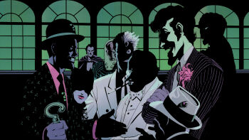 1girl 6+boys ? animal_ears armor batman_(series) bowler_hat cane catwoman cigar cigarette cigarette_holder corsage dc_comics edward_nigma fedora formal_clothes goggles harvey_dent hat hat_feather helmet highres killer_croc monocle mr._freeze multicolored_hair multiple_boys oswald_cobblepot pinstripe_pattern pinstripe_suit power_armor power_suit print_suit question_mark_print ra&#039;s_al_ghul scar scarface_(dc) selina_kyle shadowed sharp_teeth smile striped suit teeth the_joker the_penguin two-face two-tone_hair window