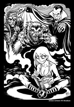 1girl absurdres book boots breasts bryan_baugh cleavage collarbone drawing_(action) highres horror_(theme) imagining large_breasts long_hair mummy pants pencil sitting smile solo tank_top vampire werewolf