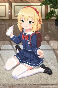 1girl absurdres bag black_shoes blonde_hair blue_serafuku blue_skirt blush bottle breast_pocket carpet closed_mouth collarbone dot_nose female_focus flat_chest full_body green_hair hair_ribbon headband heart heart-shaped_pupils heart_(symbol) heart_in_eye highres hmax holding holding_bottle idolmaster idolmaster_cinderella_girls idolmaster_cinderella_girls_starlight_stage imminent_penetration imminent_rape imminent_vaginal indoors kneehighs kneeling layered_skirt licking_lips loli long_sleeves medium_hair milk_bottle miniskirt neckerchief plant pleated_skirt pocket red_bag red_headband red_neckerchief red_ribbon ribbon sailor_collar sakurai_momoka school_bag school_uniform serafuku sexually_suggestive shirt shoes sitting skirt smile socks solo solo_focus symbol-shaped_pupils symbol_in_eye thighhighs tile_floor tiles tongue tongue_out white_sailor_collar white_shirt white_thighhighs zettai_ryouiki