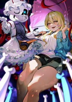 1boy 1girl black_shorts blonde_hair blue_eyes blue_hoodie bone cosplay costume_switch crossdressing crossover disembodied_eye dress floating grin hat highres holding holding_umbrella hood hoodie long_hair long_sleeves mob_cap no_headwear official_alternate_costume one_eye_closed purple_tabard sans_(undertale) sans_(undertale)_(cosplay) shirt short_shorts shorts skeleton smile tabard thighs touhou twitter_username umbrella undertale utdr_(toby_fox) white_dress white_hat white_shirt yahedanian yakumo_yukari yakumo_yukari_(cosplay) yellow_eyes
