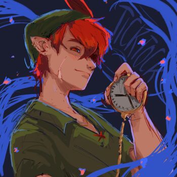1boy black_boots boots brown_eyes brown_hair bug fairy feathers fly fly_agaric green_hat green_shirt green_tunic hat hat_feather highres inker_bell_(novel_character) insect leaf mushroom orange_hair peter_pan_(novel) pointy_ears red_feathers shirt short_hair size_difference tinker_bell_(disney) toon_(style) tunic walt_disney&#039;s_peter_pan