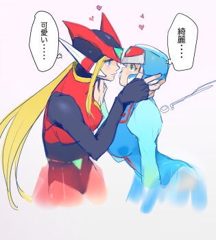 absurdres blonde_hair blue_eyes blue_hair blush genderswap genderswap_(mtf) green_eyes halo helmet highres holding_face japanese_text jxwfl leotard long_hair mega_man_(series) x_(mega_man) mega_man_zero_(series) thighhighs translation_request transparent_skirt yuri zero_(mega_man)