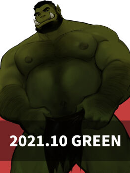1boy bara beard big_belly clothes_lift colored_skin come_hither cowboy_shot dopey_(dopq) facial_hair fat fat_man from_below full_beard green_skin hairy highres large_pectorals loincloth loincloth_lift looking_at_viewer male_focus mature_male monster_boy muscular muscular_male nipples orc original paid_reward_available pectorals pointy_ears seductive_smile short_hair smile solo standing strongman_waist thick_arm_hair thick_beard thick_chest_hair thick_eyebrows thick_navel_hair thick_neck topless_male tusks underbust