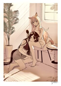 2girls absurdres animal_ears bare_shoulders barefoot black_hair black_sports_bra border brushing_another's_hair brushing_hair carpet chair chemise closed_mouth collarbone grey_shorts hair_brush hair_dryer highres holding holding_hair_brush horse_ears horse_girl horse_tail indoors lap_pillow long_hair mayano_top_gun_(umamusume) multiple_girls muted_color narita_brian_(umamusume) orange_eyes orange_hair plant sepia shorts signature sitting smile sports_bra table tail umamusume white_border white_chemise window window_blinds window_shadow yonu_(yonurime)