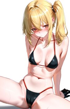 1girl absurdres alternate_costume arm_support bikini black_bikini black_gloves blonde_hair blush breasts cameltoe collarbone gloves half_gloves highres hirahiragi_(h1rqg1) looking_at_viewer luciana_de_montefio medium_breasts navel red_eyes side_ponytail simple_background sitting solo spread_legs stomach swimsuit white_background zenless_zone_zero