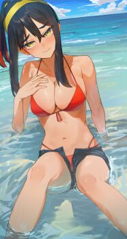1girl absurdres alternate_hairstyle amepa_(ame_pinecandy) bare_shoulders bikini bikini_bottom_under_shorts bikini_under_clothes black_hair breasts carmine_(pokemon) cleavage close-up collarbone commentary_request crossed_bangs denim denim_shorts hair_between_eyes hair_up hairband halterneck head_tilt highres large_breasts long_hair looking_at_viewer mole mole_under_eye multicolored_hair navel nintendo no_shirt ocean outdoors partially_submerged pokemon pokemon_sv revision short_shorts shorts solo string_bikini swimsuit two-tone_hair water yellow_eyes yellow_hairband