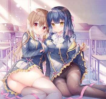 Rule 34 | 2girls, :q, absurdres, ass, blue dress, blue hair, blue jacket, blush, braid, breasts, brown eyes, brown hair, brown pantyhose, chair, classroom, clothes lift, collared shirt, desk, dress, dress lift, hair between eyes, hair ornament, hair ribbon, highres, indoors, jacket, large breasts, licking lips, lifting own clothes, light particles, long hair, long sleeves, looking at viewer, maeda shiori, multiple girls, nanami yuuno, neck ribbon, no panties, on floor, open clothes, open jacket, panties, panties under pantyhose, pantyhose, parted lips, pink ribbon, pleated dress, red eyes, ribbon, school chair, school desk, school uniform, see-through clothes, see-through legwear, shirt, sidelocks, sitting, smile, sousouman, thighband pantyhose, thighhighs, tongue, tongue out, twinbox school, underwear, very long hair, wet, wet clothes, wet shirt, white shirt, white thighhighs, x hair ornament