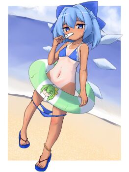 anklet beach bikini blue_bikini blue_eyes blue_sandals border character_request cirno convenient_censoring dutch_angle flip-flops food full_body gold_anklet highres holding holding_food holding_popsicle holding_swim_ring ice ice_wings innertube jewelry loli looking_at_viewer navel panties panty_pull popsicle sandals standing stomach sweatdrop swim_ring swimsuit tan tanline tanned_cirno tede touhou underwear white_border wings