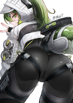 1girl arknights arknights:_endfield artist_name ass ass_focus bent_over black_bodysuit black_gloves bodysuit closed_mouth clothes_writing clothing_cutout copyright_name crop_top fingerless_gloves fluorite_(arknights) from_behind gloves green_eyes green_hair hair_through_hood highres hood hood_up long_hair looking_at_viewer looking_back mildt ponytail pouch scales simple_background skin_tight skindentation smile snake_tail solo tail tail_through_clothes trefoil twitter_username v white_background