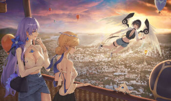 Rule 34 | 3girls, abby (wuthering waves), absurdres, against railing, alternate costume, arm under breasts, back, bad id, bad pixiv id, balloon, bare shoulders, belt, black hair, blonde hair, blue eyes, blue flower, blue skirt, breasts, cantarella (wuthering waves), cartethyia (wuthering waves), cleavage, closed eyes, collarbone, commentary, crown of thorns, denim, denim shorts, earrings, english commentary, female rover (wuthering waves), flower, flying, hair bun, hair flower, hair ornament, hand up, highres, jewelry, large breasts, long hair, midriff, multiple girls, outdoors, pointy ears, purple hair, railing, rover (wuthering waves), shirt, shoes, shorts, single hair bun, skirt, smile, thigh belt, thigh strap, toroe02, waving, white shirt, white shoes, wuthering waves, yellow eyes