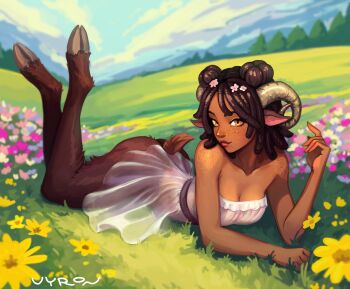 1girl black_hair blurry body_freckles breasts brown_eyes cleavage cloud cloudy_sky collarbone commentary commission curled_horns dark-skinned_female dark_skin day depth_of_field dress english_commentary fantasy flower freckles goat_girl goat_horns goat_legs goat_tail grass highres horns looking_at_viewer lying meadow no_pants on_ground on_stomach original outdoors pointy_ears satyr see-through_clothes see-through_dress signature sky solo strapless strapless_dress tail the_pose tree vyron_s white_dress