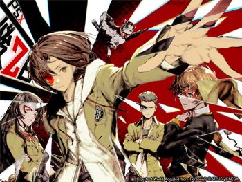 2boys 2girls animal arai_motoha bird black_hair blonde_hair bow bowtie brown_eyes brown_hair brown_jacket closed_mouth closer_(p5x) commentary_request copyright_name countdown grey_hair hood hood_down hoodie jacket kamishiro_nagisa kanou_shun kazama_raita long_hair long_sleeves looking_at_viewer lufel_(owl)_(p5x) lufel_(p5x) multiple_boys multiple_girls official_art open_clothes open_jacket owl persona persona_5 persona_5:_the_phantom_x red_bow red_bowtie school_uniform short_hair smile soy_(p5x) tanemura_riko white_hoodie wind_(p5x) wonder_(p5x)
