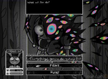 1boy 1girl @_@ abandinthesand abstraction_(the_amazing_digital_circus) character_name chromatic_aberration clenched_teeth commentary cowboy_shot english_commentary english_text fewer_digits film_grain furry furry_male gameplay_mechanics gloves grey_background greyscale hat heart highres jax_(the_amazing_digital_circus) jester looking_at_viewer monochrome omori parted_lips pomni_(the_amazing_digital_circus) puffy_short_sleeves puffy_sleeves rabbit_boy raised_inner_eyebrows scared shirt short_sleeves simple_background solo_focus spot_color standing striped_clothes striped_shirt sweat teeth the_amazing_digital_circus twitter_username vertical-striped_clothes vertical-striped_shirt