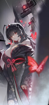 1girl absurdres ahoge aoria bare_shoulders black_hair black_kimono breasts bug butterfly cityscape commentary commission finger_to_mouth hair_between_eyes hair_branch hair_intakes highres huge_breasts insect japanese_clothes kimono looking_at_viewer obi original rame_tree_(heuksaek) red_butterfly red_eyes sash solo traffic_light