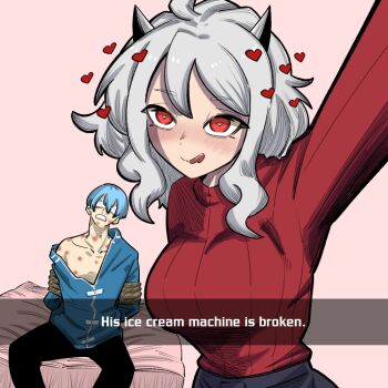 1boy 1girl :q ahoge bandages bandages_over_eyes bdsm bed bite_mark blue_hair bondage bound breasts crossover english_text femdom heart heart-shaped_pupils helltaker hickey himmel_(sousou_no_frieren) horns implied_sex large_breasts long_hair loving_aura modeus_(helltaker) on_bed pink_background recording red_eyes selfie simple_background smile sousou_no_frieren sweater symbol-shaped_pupils tongue tongue_out white_hair whjtedragonfly