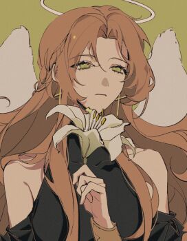 1girl black_dress braid clothing_cutout dress flower green_eyes hair_over_shoulder halo hashtag-only_commentary head_tilt highres holding holding_flower long_hair looking_at_viewer omniscient_reader&#039;s_viewpoint shoulder_cutout solo twle upper_body uriel_(omniscient_reader&#039;s_viewpoint) white_lily white_wings wings
