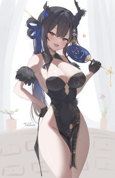 1girl :d alternate_costume alternate_hairstyle asymmetrical_horns bare_shoulders black_dress black_gloves black_hair blue_hair breasts china_dress chinese_clothes cleavage colored_inner_hair commentary cowboy_shot detached_sleeves dress english_commentary flower flower_knot fur_sleeves gloves hair_ornament hair_rings half_gloves hand_fan hand_on_own_hip highres holding holding_fan hololive hololive_english horn_flower horns large_breasts long_hair looking_at_viewer mole mole_under_eye multicolored_hair nerissa_ravencroft official_alternate_costume open_mouth pelvic_curtain purple_eyes short_sleeves side_up_ring sidelocks sleeveless sleeveless_dress smile solo standing tassel tassel_hair_ornament uneven_horns vanillafox2035 very_long_hair virtual_youtuber
