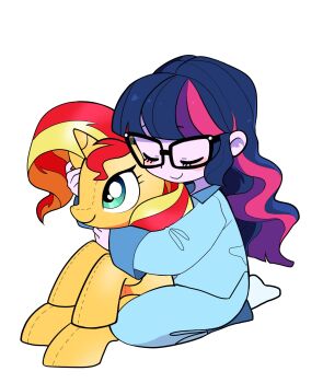 1girl bad_id bad_twitter_id blunt_bangs blush_stickers character_doll cheesesauce_45 closed_eyes colored_skin doll glasses highres hugging_doll hugging_object long_hair long_sleeves multicolored_hair my_little_pony my_little_pony:_equestria_girls my_little_pony:_friendship_is_magic pajamas personification pink_hair purple_hair purple_skin sci-twi seiza sitting sleeve_cuffs smile socks solo streaked_hair sunset_shimmer sunset_shimmer_(unicorn) twilight_sparkle