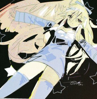 1girl blonde_hair bow dress hair_between_eyes long_hair looking_at_viewer one_eye_closed original solo standing star_(symbol) tanglaoban1225 thighhighs traditional_media