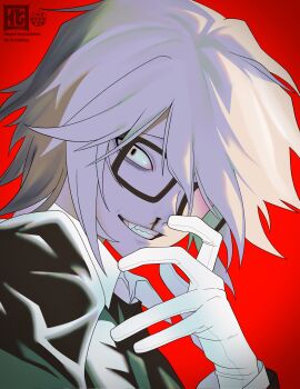 1boy black_eyes black_jacket blonde_hair blood fangs glasses gloves hand_up highres jacket looking_at_viewer male_focus nosebleed otori_0 randal&#039;s_friends randal_ivory red_background short_hair solo upper_body white_gloves