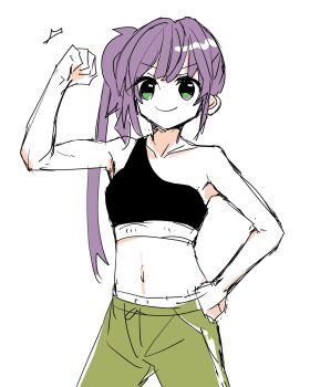 1girl bicep_curl black_sports_bra clenched_hands closed_mouth cowboy_shot green_eyes green_pants hand_on_own_hip highres kanduki_kamibukuro link!_like!_love_live! long_hair looking_at_viewer love_live! midriff navel otomune_kozue pants purple_hair side_ponytail sidelocks single_off_shoulder smile solo sports_bra v-shaped_eyebrows virtual_youtuber