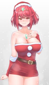 1girl bare_shoulders blush breasts chest_jewel christmas cleavage closed_mouth collarbone commentary cowboy_shot dress highres large_breasts meipasuye microdress pyra_(xenoblade) red_dress red_eyes red_hair santa_costume santa_dress short_hair simple_background smile solo strapless strapless_dress tiara white_background xenoblade_chronicles_(series) xenoblade_chronicles_2