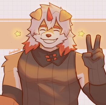 1boy arknights artist_name black_gloves black_shirt closed_eyes colored_tips commentary danduudle english_commentary facing_viewer furry furry_male gloves grin highres horns hung_(arknights) komainu_boy komainu_ears male_focus multicolored_hair shirt single_horn sleeveless sleeveless_shirt smile star_(symbol) upper_body v