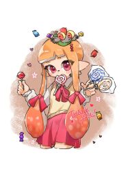 Rule 34 | 1girl, brown background, candy, commentary request, cropped legs, food, food in mouth, gradient hair, heart, highres, holding, holding candy, holding food, holding lollipop, inkling, inkling girl, inkling player character, lollipop, long hair, looking at viewer, multicolored hair, nintendo, orange hair, pointy ears, red eyes, simple background, smallfry (splatoon), solo, splatoon (series), star (symbol), suityunosakana, tentacle hair, thank you, two-tone background, white background