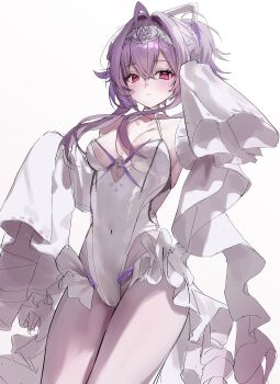 1girl absurdres ahoge breasts covered_navel detached_sleeves frilled_leotard frills g0nxi1 goddess_of_victory:_nikke hair_intakes hairband hashtag-only_commentary highres jellyfish_girl leotard liberalio_(nikke) looking_at_viewer medium_breasts pantyhose pink_eyes purple_hair short_hair_with_long_locks simple_background sleeves_past_fingers sleeves_past_wrists solo white_background white_hairband white_leotard white_pantyhose white_sleeves