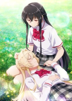 2girls absurdres ashigaya_high_school_uniform black_hair blonde_hair flower hand_on_another&#039;s_head hand_on_own_stomach highres holding_hands koto_satsuki light_smile looking_at_another lying lying_on_lap multiple_girls nape_braid official_art on_grass ouzuka_mai school_uniform second-party_source seiza sitting smile sunlight watashi_ga_koibito_ni_nareru_wake_naijan_murimuri!