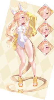1girl absurdres animal_ear_fluff animal_ears bare_shoulders blonde_hair blue_archive blush breasts commentary_request forehead fox_ears full_body grin hair_over_one_eye halo hat highleg highleg_one-piece_swimsuit highres jacket klash long_hair long_sleeves looking_at_viewer multiple_views off_shoulder one-piece_swimsuit open_mouth parted_bangs pink_eyes sandals seia_(blue_archive) seia_(swimsuit)_(blue_archive) side_ponytail sidelocks small_breasts smile sunglasses swimsuit tail tinted_eyewear visor_cap white_one-piece_swimsuit yellow-tinted_eyewear yellow_hat yellow_jacket