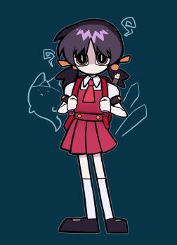 Rule 34 | 1girl, 9chrono0, absurdres, backpack, bag, black hair, black shoes, blank stare, blue background, closed mouth, collared shirt, dot mouth, dress, empty eyes, expressionless, flute, full body, ghost, grey outline, hair bobbles, hair ornament, highres, hitodama, holding strap, instrument, kaai yuki, kneehighs, looking at viewer, low twintails, mary janes, necktie, orange eyes, outline, pinafore dress, pleated dress, randoseru, recorder, red dress, red necktie, shaded face, shirt, shoes, short dress, short twintails, simple background, sleeveless, sleeveless dress, slit pupils, socks, solo, sotoba, standing, twintails, vocaloid, white shirt, white socks, wide-eyed