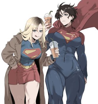 2girls absurdres black_hair blonde_hair bodysuit brown_coat cape coat cup dc_comics dc_extended_universe drinking_straw genderswap genderswap_(mtf) highres holding holding_cup in-franchise_crossover leaning_forward licking_lips masoq miniskirt multiple_girls multiple_persona muscular muscular_female red_cape short_hair skirt supergirl superhero_costume superman superman_(2025) superman_(series) the_flash_(movie) thick_thighs thighs tongue tongue_out