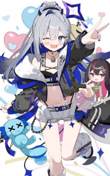 1girl amane_kanata amane_kanata_(lock_on) angel_wings azki_(4th_costume)_(hololive) azki_(hololive) balloon black_jacket black_sports_bra blue_eyes blue_hair blue_nails blue_wings blush brown_hair brown_jacket chibi colored_inner_hair commentary_request cropped_jacket dog_tags gradient_wings grey_hair grey_wings halo heart_balloon highres hololive jacket leg_warmers long_hair multicolored_hair multicolored_wings nail_polish one_eye_closed open_mouth pink_eyes pink_hair ponytail quilted_jacket shorts simple_background single_hair_intake skirt smile sports_bra standing standing_on_one_leg star_halo stomach two-sided_fabric two-sided_jacket upao_(amane_kanata) virtual_youtuber white_background white_jacket white_leg_warmers white_shorts white_skirt wings x_x yoru_no_yayoi